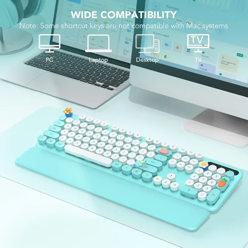 Miniatura 7 de Teclado inalámbrico, teclas redondas, teclado de máquina de escribir retro con reposamuñecas desmontable, modo de suspensión, patas plegables, Azul