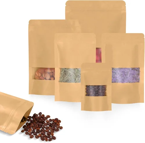 Miniatura 8 de 100 bolsas de papel kraft con ventana de 4.7 x 7.8 pulgadas, reutilizables, sellables, con cierre de cremallera, almacenamiento de alimentos, bolsas