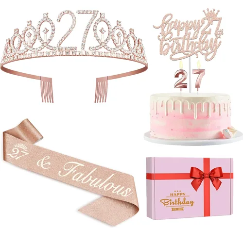 Miniatura 58 de Decoraciones de cumpleaños de 24 años para mujeres, incluyendo banda de cumpleaños, tiara/corona, velas numéricas y decoración de pastel, regalos