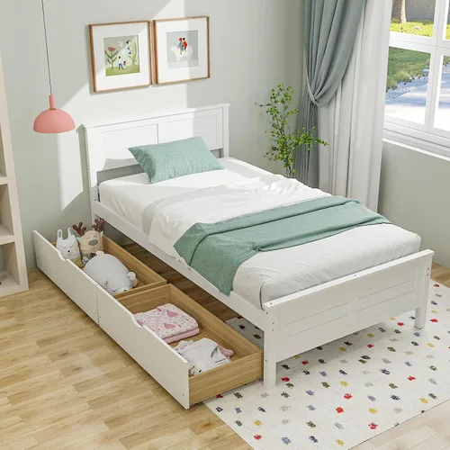 Miniatura 14 de Giantex Cama individual de madera con 2 cajones de almacenamiento, plataforma de madera maciza con cabecero, base de colchón de soporte de listones