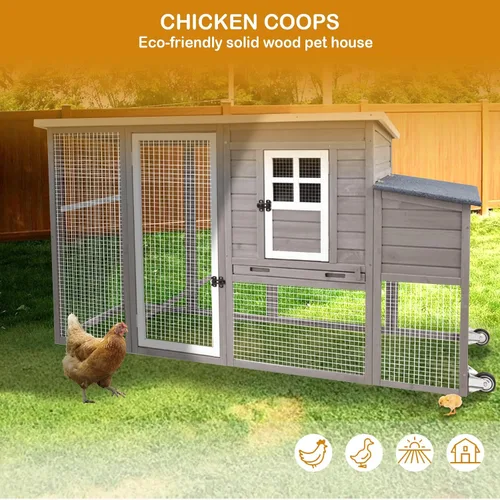 Miniatura 6 de Gowoodhut Gallinero de madera maciza con jaula grande de 2 pisos, techo de asfalto, caja nido, ruedas de PU, perca de pollo con poste Techo