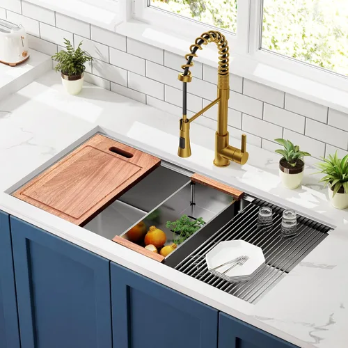 Miniatura 10 de Fregadero de cocina de 30 pulgadas de estación de trabajo bajo encimera - CELAENO Fregadero de cocina hecho a mano de acero inoxidable de calibre 18