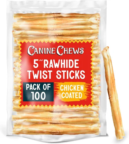 Miniatura 9 de Canine Chews Palitos recubiertos de pollo de 5 pulgadas, paquete de 45 golosinas de cuero crudo para perros de origen estadounidense, masticables