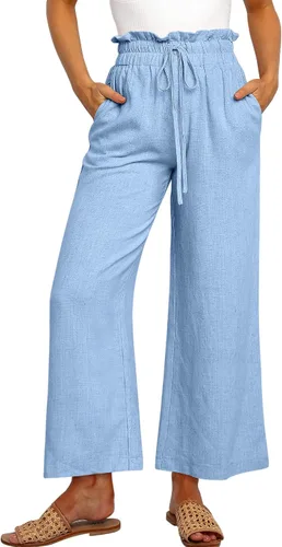 ANRABESS Pantalones de lino para mujer, estilo casual, holgados, cintura alta, cordón de pierna ancha, pantalones capri palazzo con bolsillos