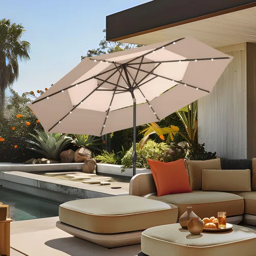 Miniatura 12 de PHI VILLA - Sombrillas de patio de 9 pies con 24 luces LED solares, sombrilla iluminada para mesa de mercado al aire libre con 8 varillas de acero