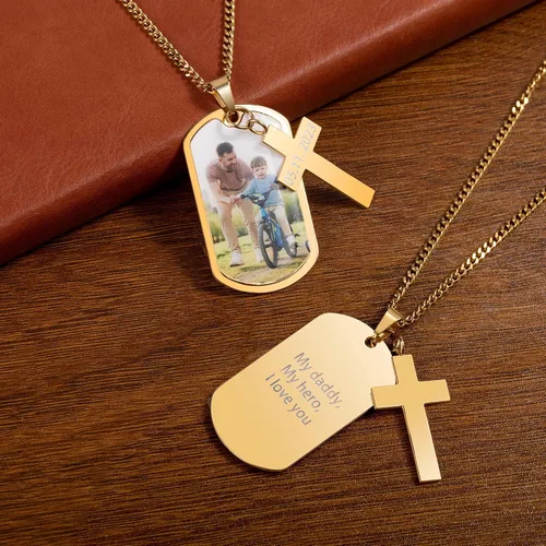Miniatura 3 de CALLIE Collar personalizado con placa de identificación de cruz con foto para hombres, collares con colgante de acero inoxidable personalizado