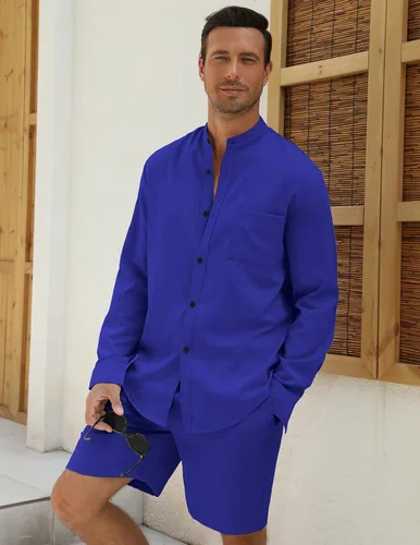 Miniatura 4 de RPOVIG Conjuntos de lino para hombre, conjuntos de verano de 2 piezas, ropa de vacaciones en la playa, camisas casuales de manga larga, pantalones