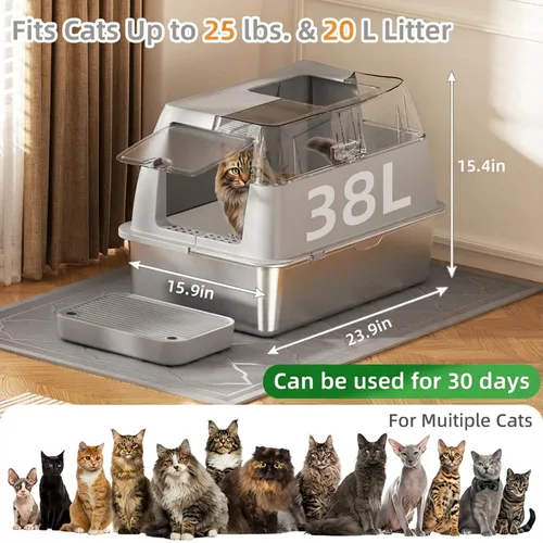 Miniatura 2 de Caja de arena de acero inoxidable con tapa, caja de arena para gatos de entrada frontal y salida superior, caja de metal cerrada extragrande