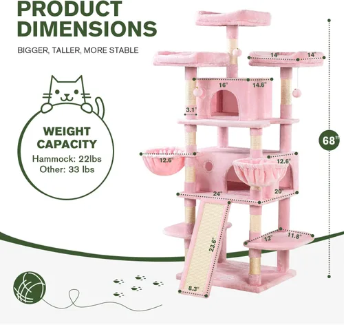 Miniatura 3 de MUTICOR Torre de árbol grande de varios niveles para gatos de 68 pulgadas con condominio/perchas de felpa acogedoras/postes rascadores de sisal