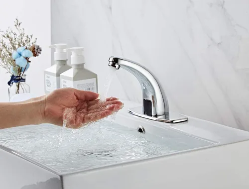 Miniatura 4 de Grifo de lavabo de baño Sensor automático de temperatura sin contacto, montaje en cubierta comercial, latón macizo, activado por movimiento, bañera