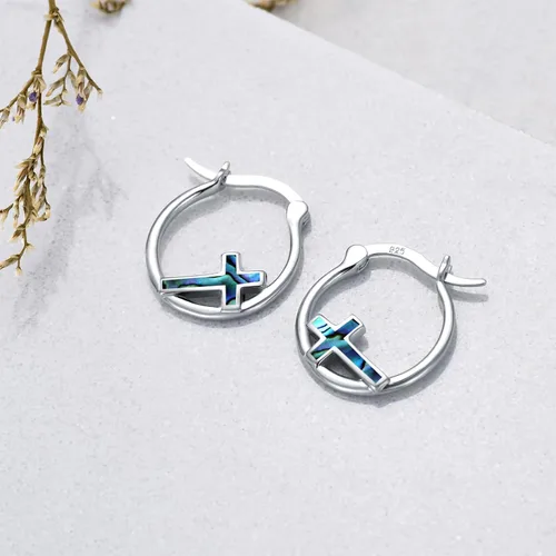 Miniatura 3 de Aretes de aro con cruz para mujer, plata de ley 925, con concha de abulón, regalos para mujeres y niñas