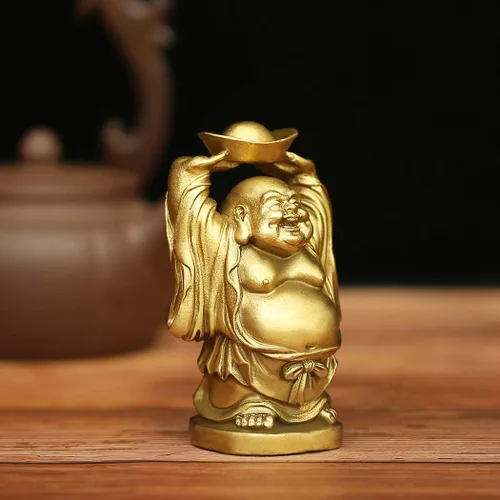 Miniatura 3 de BRASSTAR Adorno de latón Feng Shui Estatua de Buda riendo sosteniendo lingote bolsa de dinero para oficina en casa Figura decorativa Atrae riqueza