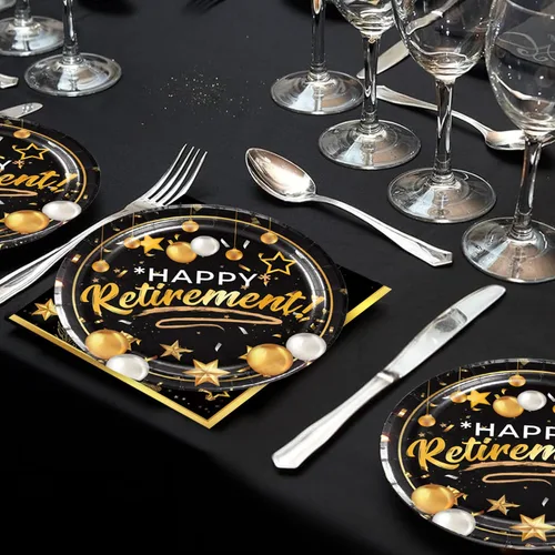 Miniatura 5 de 40 piezas de suministros para fiestas de jubilación, incluyen 20 platos negros y dorados, 20 servilletas, utilizados para decoración de fiesta