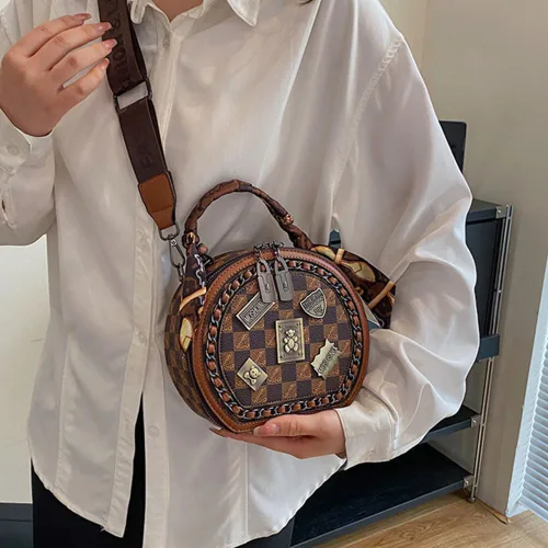 Miniatura 2 de Bolso vintage para mujer, bolso cruzado redondo con un hombro, bolso circular de gran capacidad, bolso diario para mujeres y niñas (marrón)