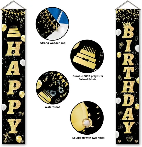 Miniatura 3 de SUPERDANT Cartel de feliz cumpleaños para porche, color negro y dorado, letrero colgante de cumpleaños, letrero de feliz cumpleaños, letrero