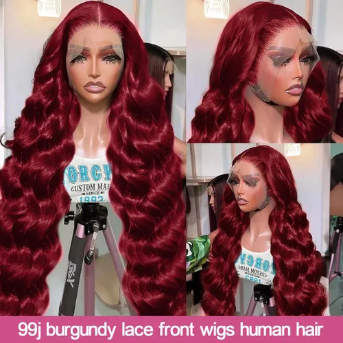 Miniatura 5 de Smabuity Pelucas de cabello humano con encaje frontal color borgoña 99J, peluca de cabello humano rojo burdeos, pelucas de encaje frontal HD de 13 x