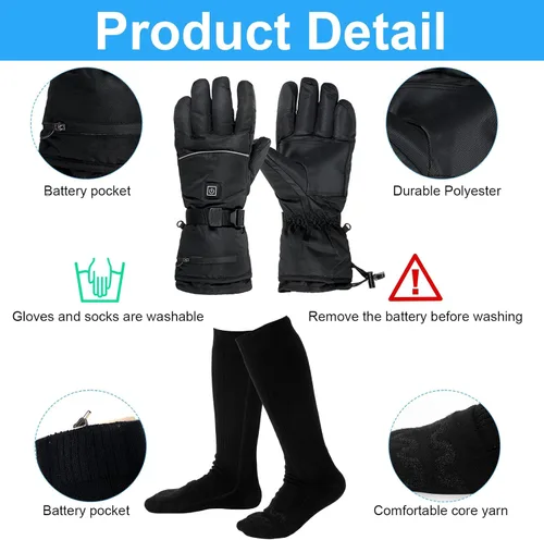 Miniatura 5 de Suhine 2 pares de guantes calentados y calcetines para manos y pies para hombres y mujeres, guantes con batería recargable, guantes de invierno