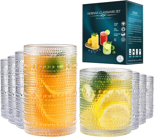 ISMASOAN Juego de 8 vasos de cóctel vintage Hobnail de 14 onzas y 12 onzas, vasos para cocina, cristalería con cuentas, vasos altos para whisky,