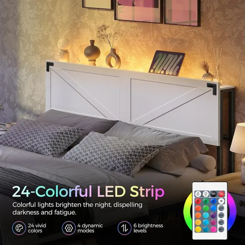 Miniatura 3 de MAHANCRIS Cabecera Solo Tamaño Queen, Cabecera con 2 Tomacorrientes y 4 Puertos USB, Cabecera Estilo Granja, con Luces LED, Almacenamiento Seguro