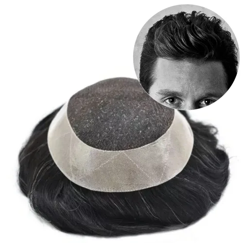 Miniatura 12 de Toupee para hombres, postizos, sistema de reemplazo de cabello de encaje francés para hombres, pieza de pelo polivinílico para hombres, sistema