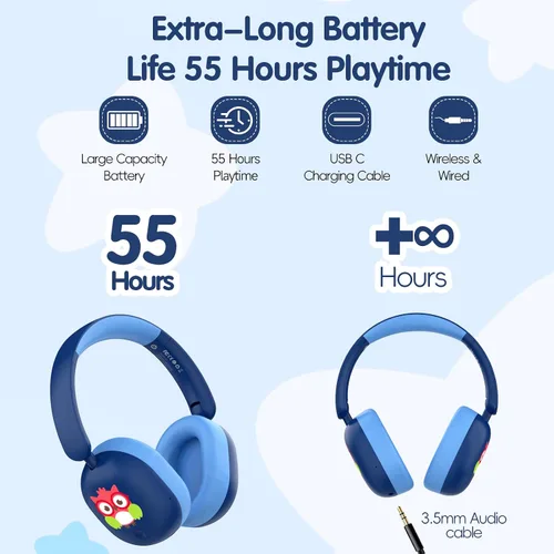 Miniatura 6 de LOBKIN - Auriculares Bluetooth para niños 6.0, auriculares inalámbricos sobre la oreja para niños con micrófono, tiempo de reproducción de 55 horas