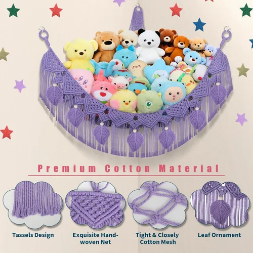 Miniatura 4 de Hamaca para Animales de Peluche de Esquina - 142 cm Jumbo Hecha a Mano de 5mm de Doble Cordón de Macramé para Almacenamiento de Animales de Peluche
