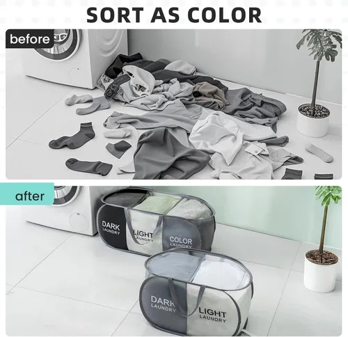 Miniatura 5 de Cesta plegable para la ropa sucia duradera con 2 compartimentos para clasificar y almacenar, cesta portátil para ropa sucia para dormitorio, cuarto