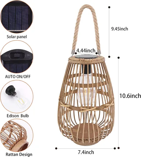 Miniatura 3 de Linterna solar de ratán natural con asa, luces LED decorativas grandes e impermeables, lámpara de mesa solar de ratán brillante para patio, boda