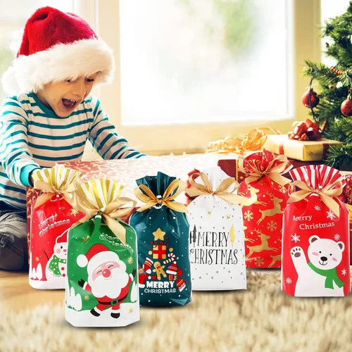 Miniatura 5 de Heniho 60 bolsas de golosinas de Navidad, 4 x 6 pulgadas con cordón, bolsas de galletas para dulces, regalos de fiesta