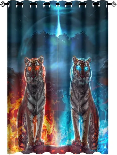 Miniatura 27 de Cool King of The Forest - Cortinas opacas con diseño de tigre anime, fantasía, animal, fuego, tigre, hielo, con ojales, ahorro de energía, 2