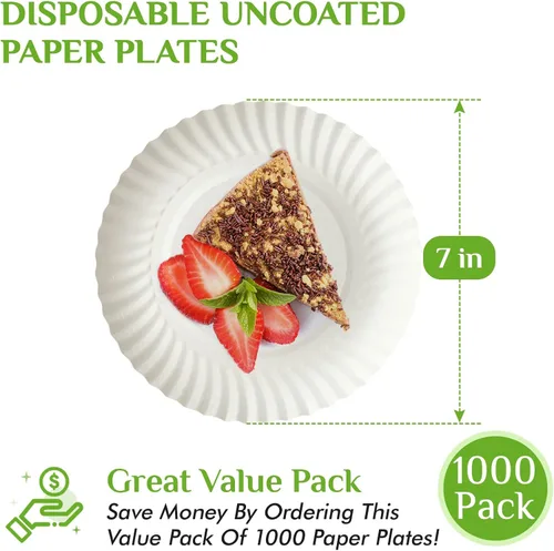Miniatura 2 de FOCUSLINE Platos de papel de 7 pulgadas, platos de papel blancos sin recubrimiento, plato de postre desechable para todos los días de 7" Plato 7.1