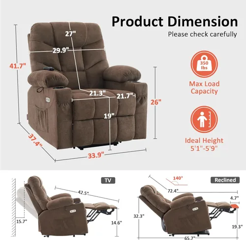 Miniatura 3 de MCombo Silla reclinable Power Lift con reposapiés extendido para personas mayores, tela 7287 (marrón, mediano)