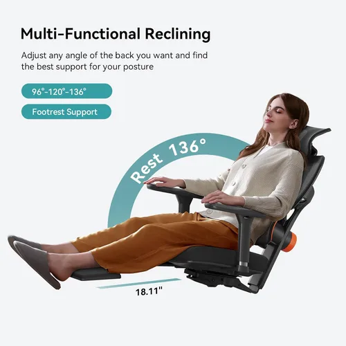 Miniatura 7 de Newtral Silla ergonómica de oficina con soporte lumbar completamente adaptable, función de inclinación de 136°, silla de escritorio para computadora