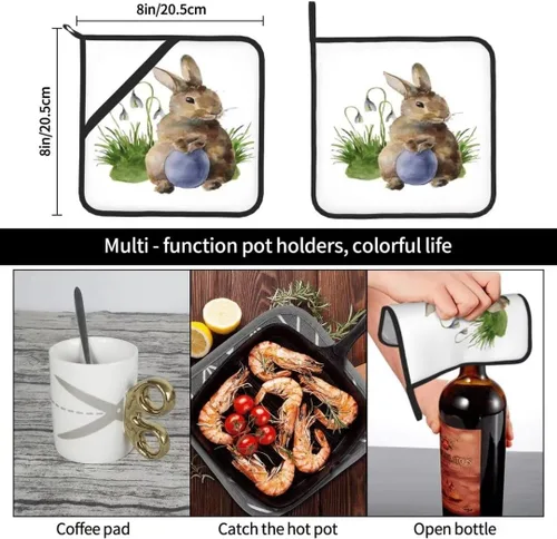 Miniatura 6 de Juego de 2 soportes para ollas de huevos de Pascua, diseño de conejo, hojas de conejo, decoración de cocina, resistente al calor, forro de algodón