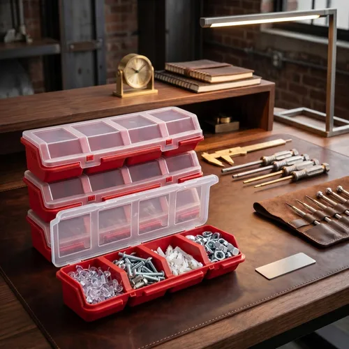 Miniatura 13 de Hushee Caja organizadora de tornillos de 4 piezas con tapa, 4 compartimentos, organizador de piezas pequeñas, de plástico, apilable, tuercas y Azul