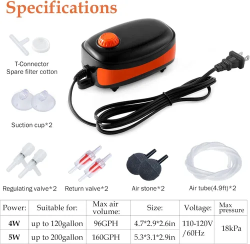 FEDOUR 4W/5W/8W Aquarium Corded Electric Air Pump, 96GPH/160GPH/256GPH Dual Outlets 4 Outlets Oxygen Pump, Ultra Quiet Aquarium Bubbler for up to