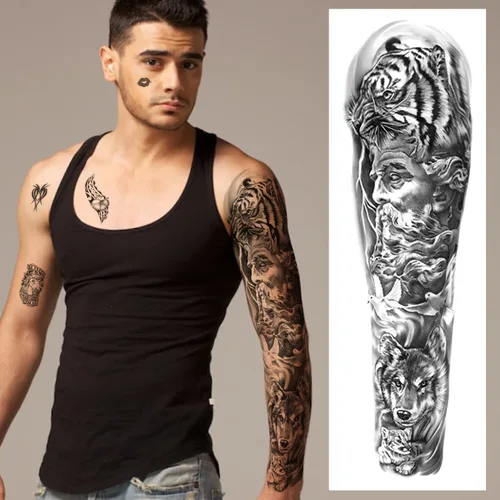 Miniatura 5 de Tatuajes temporales de manga completa para hombres y mujeres, 46 hojas de tatuajes falsos para adultos, león realista, lobo, águila, ciervo, flor