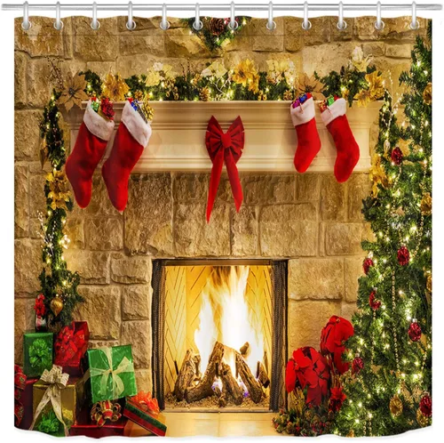 Miniatura 8 de LB Cortina de ducha para chimenea de Navidad, regalo de árbol de Navidad, cortina de baño de Año Nuevo con ganchos, 60 x 72 pulgadas, tela