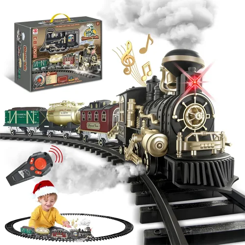 Miniatura 8 de JQ JUQU Juego de tren eléctrico de control remoto con vapor real, luces y sonido, tren de juguete para niños de 3 a 8 años con pistas completas