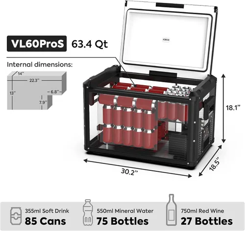 Miniatura 3 de ICECO [Actualización] Refrigerador portátil VL 60 PRO, tapa multidireccional, 12/24 V, CA 110-240 V, refrigerador de automóvil alimentado por