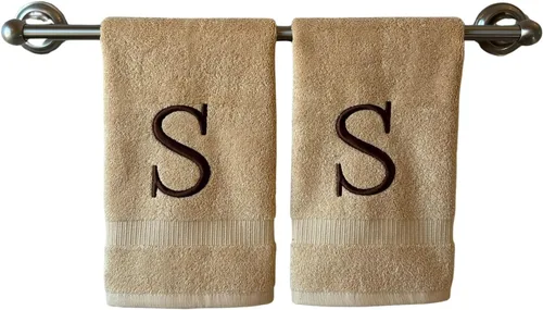 Miniatura 155 de Toalla de mano con inicial beige para baño, toalla bordada decorativa de calidad de hotel de lujo con monograma para tocador, spa, certificado