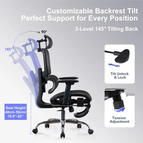 Miniatura 8 de Silla de oficina con reposapiés, silla ergonómica con reposacabezas 3D, silla de computadora con respaldo ajustable y reposabrazos 3D, silla de Negro