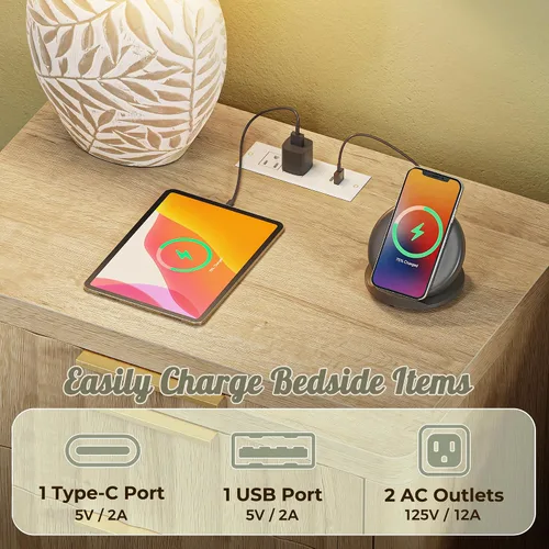 Miniatura 4 de Huuger Mesitas de noche de 27.6 pulgadas de alto con estación de carga, puerto USB-C, juego de 2 mesitas de noche acanaladas, mesa auxiliar de cama