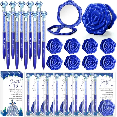 Fuyoooo 25 juegos de bolígrafos de diamantes de quinceañera, recuerdos de fiesta de quinceañera, bolígrafos brillantes con diseño de rosas, espejos