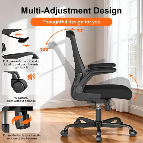 Miniatura 4 de Silla de oficina ergonómica, cómoda silla de escritorio de malla con reposabrazos abatibles y ruedas de rodadura suave, silla de computadora