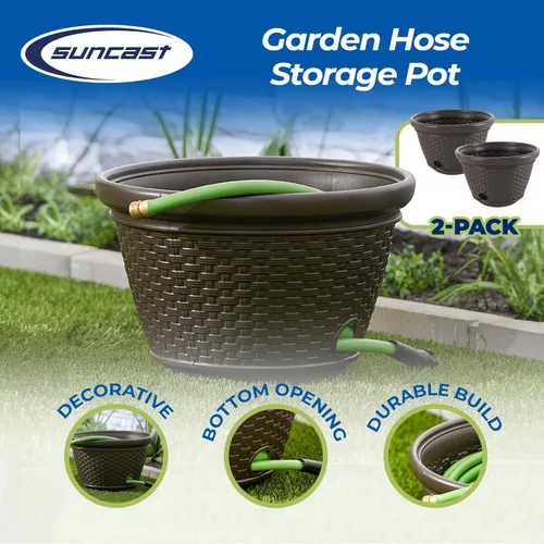 Miniatura 2 de Suncast Paquete de 2 macetas decorativas de mimbre para manguera de jardín con 4 agujeros de drenaje para mangueras de 100 pies, Java