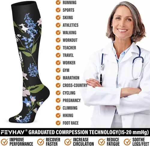 Miniatura 10 de FEYHAY Calcetines de compresión de cobre (5 pares) de 15-20 mmHg, la circulación es la mejor atlética y diaria para hombres y mujeres, correr