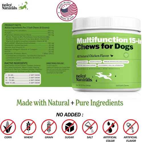 Miniatura 6 de Deley Naturals Multivitamínico 15 en 1 para perros, vitaminas y suplementos completos para perros para apoyo inmunológico, articulaciones, piel