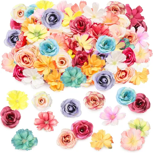 Hanaive 80 cabezas de flores de seda, pequeñas peonías falsas, margaritas, rosas, ciruelos, flores de tela 3D, cabezas de flores artificiales a