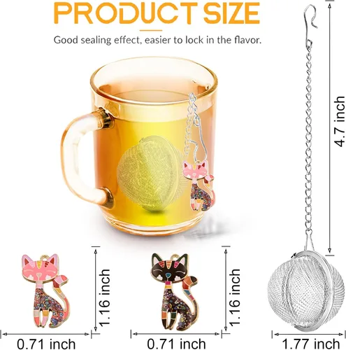Miniatura 3 de TeaSanavie Paquete de 2 infusor de té para gatos, hojas de té sueltas con divertidos dijes de gato rosa y negro, bola de té de malla fina para té
